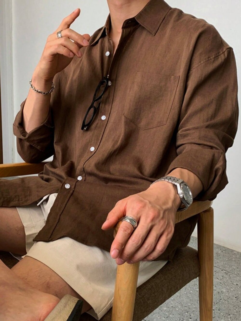 Brown Boho Western style Men's Long Sleeve  Casual Shirt